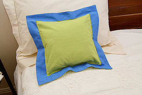 Pillow Sham.12"x12" Square. Macaw Green with French Blue border